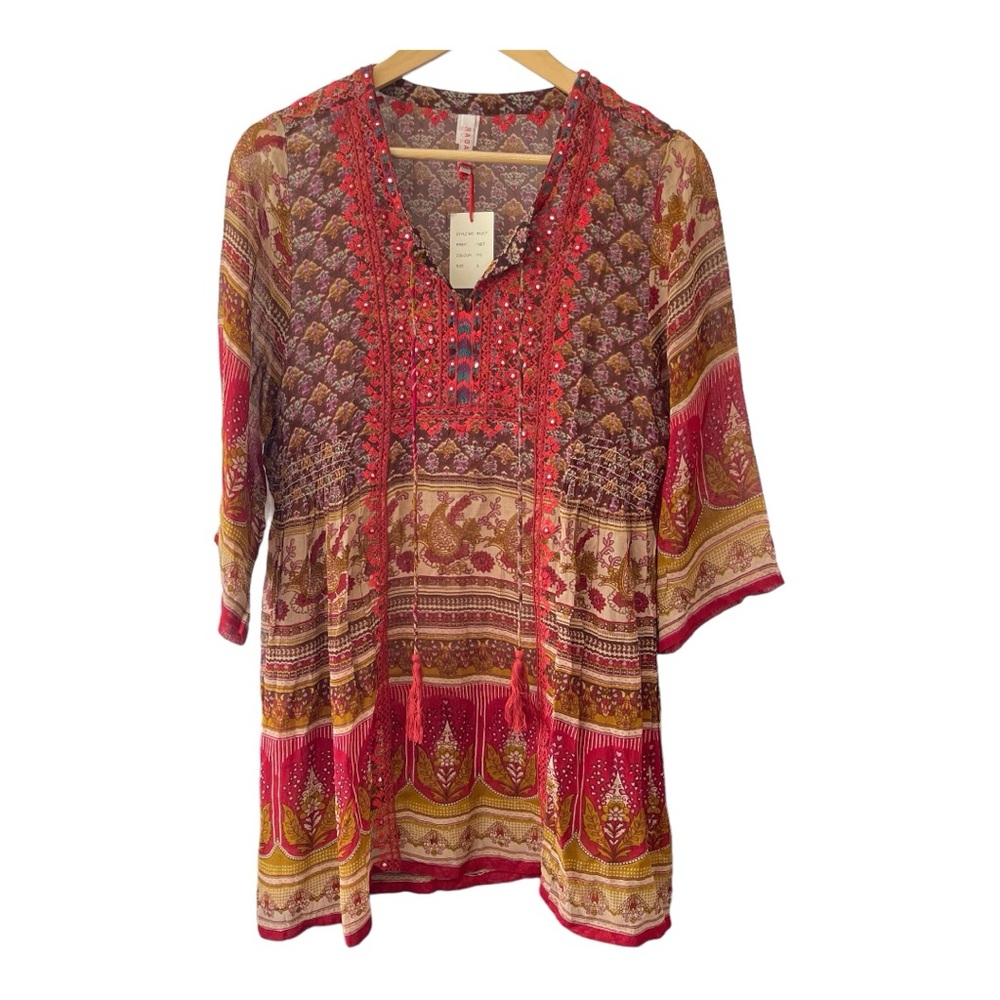 Anthropologie RAGA Womens Sheer Boho Dress Size Small Short Sleeve Embroidered